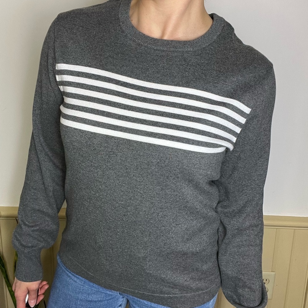 J.Crew Gray Striped Sweater 100% Cotton Soft Lightweight Unisex Women’s Sz M - Picture 2 of 9